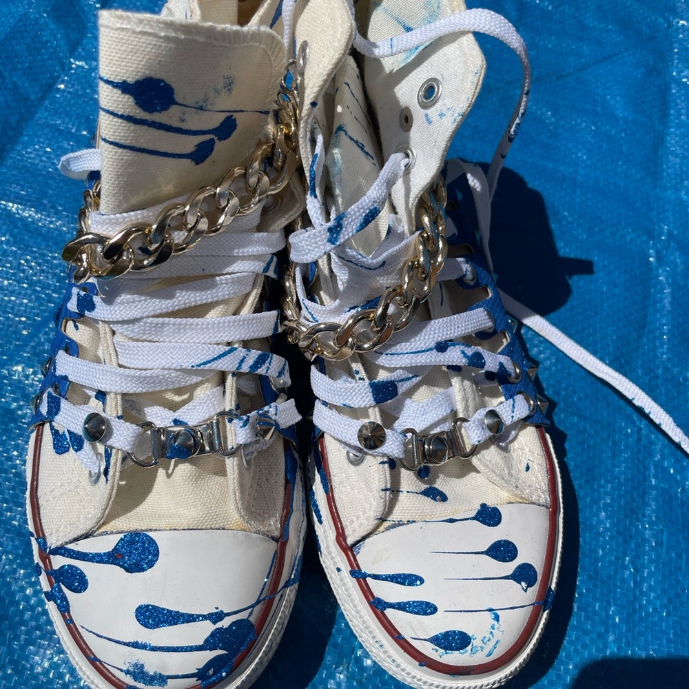 Stylish Blue and White High-Top Sneakers